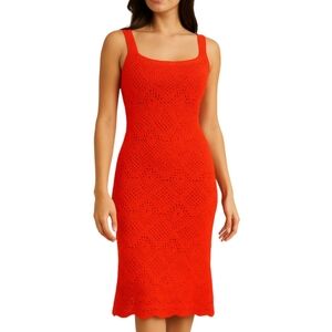 525 America Revolve Red Crochet Midi Dress Square Neck Scalloped NWOT XS